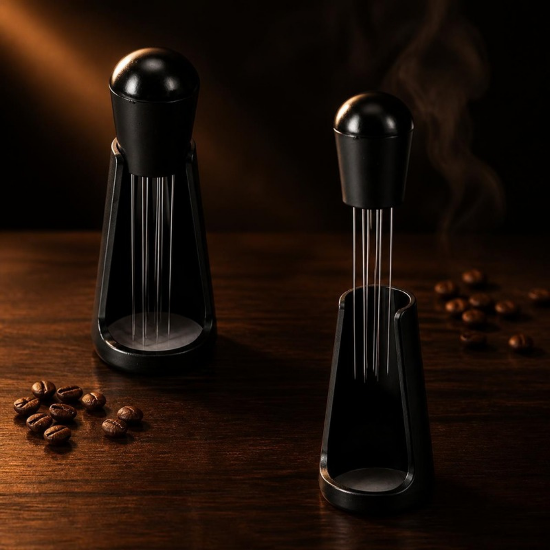 WDT needle distribution tool with stand for stirring espresso grounds before tamping