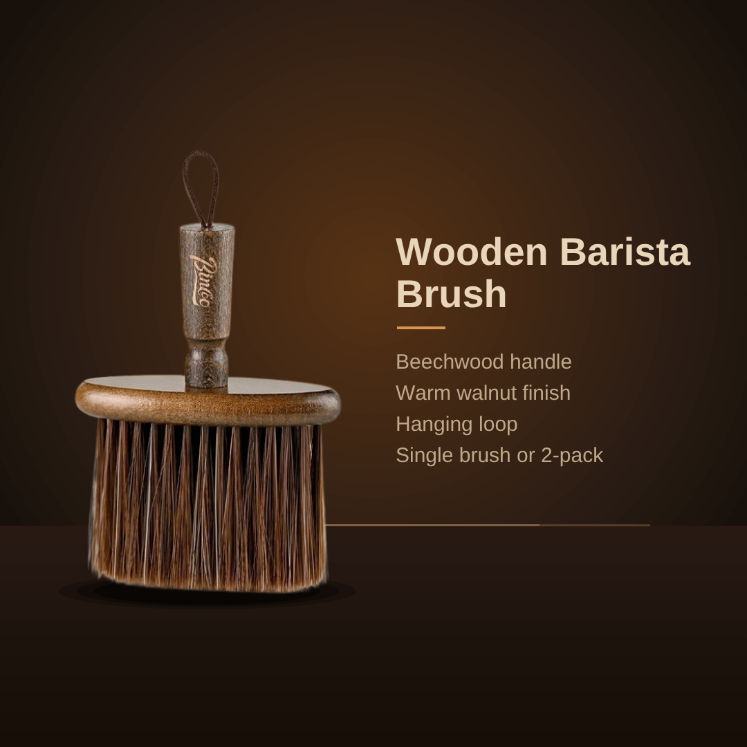 Wooden barista brush: beechwood handle, warm walnut finish, hanging loop, single or 2-pack
