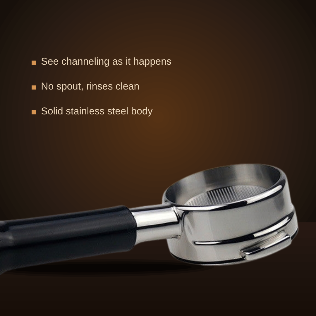 Close-up of the 58mm bottomless portafilter: see channeling as it happens, no spout, solid stainless steel body