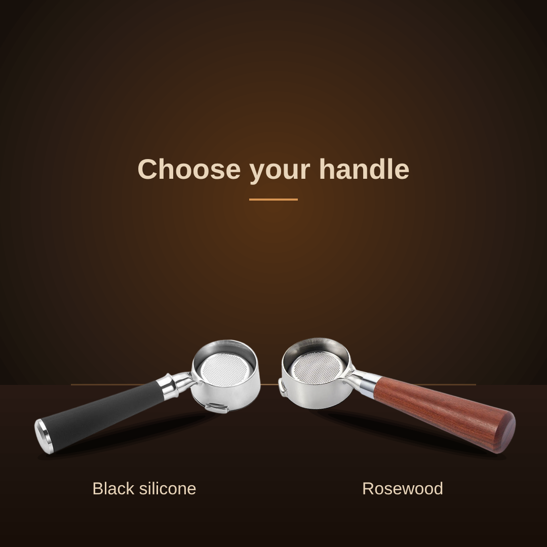 54mm bottomless portafilter handle options: black silicone and rosewood