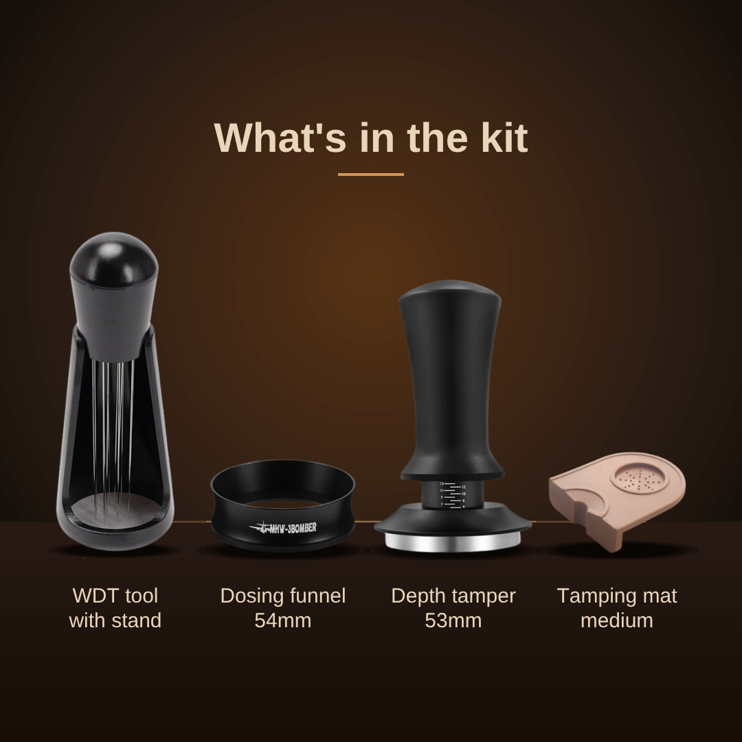 What's in the Breville 54mm Puck Prep Kit: WDT tool with stand, 54mm dosing funnel, 53mm depth tamper, medium tamping mat