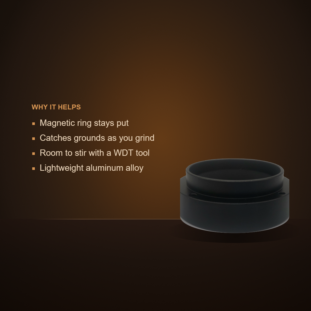 Magnetic dosing funnel features: magnetic ring stays put, catches grounds as you grind, room to stir with a WDT tool, lightweight aluminum alloy