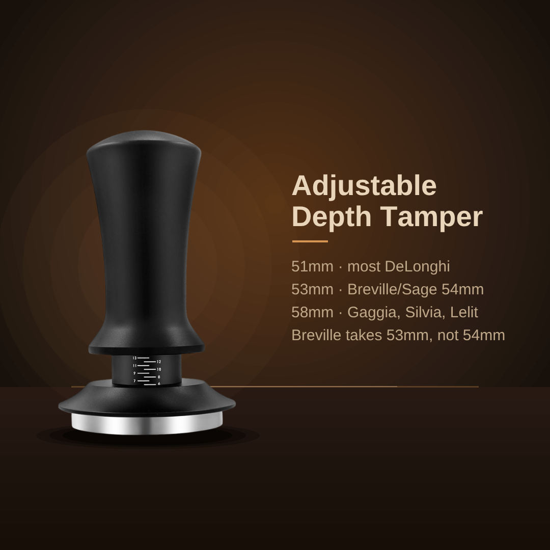 Adjustable depth tamper sizes: 51mm DeLonghi, 53mm for Breville 54mm, 58mm