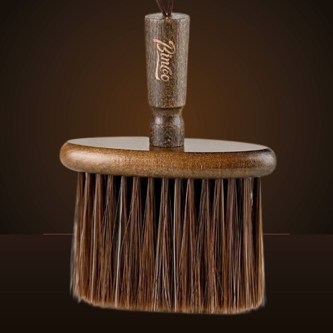 Close-up of the engraved logo and dense bristles of the wooden barista brush