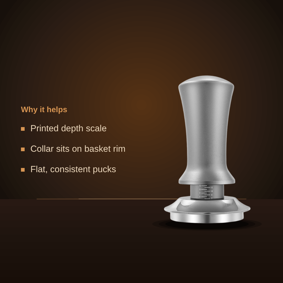 Adjustable depth tamper features: printed depth scale, collar sits on basket rim, flat consistent pucks