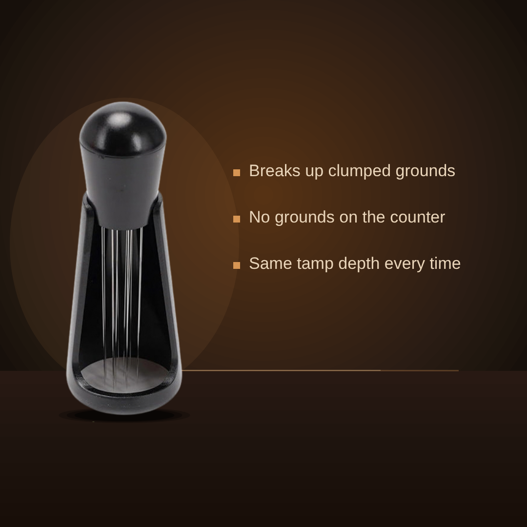 WDT needle distribution tool with stand from the Breville 54mm Puck Prep Kit: breaks up clumped grounds, no grounds on the counter, same tamp depth every time