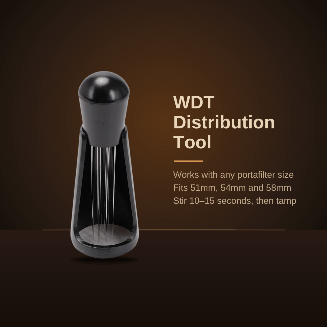 WDT distribution tool in its stand - works with any portafilter size: 51mm, 54mm and 58mm