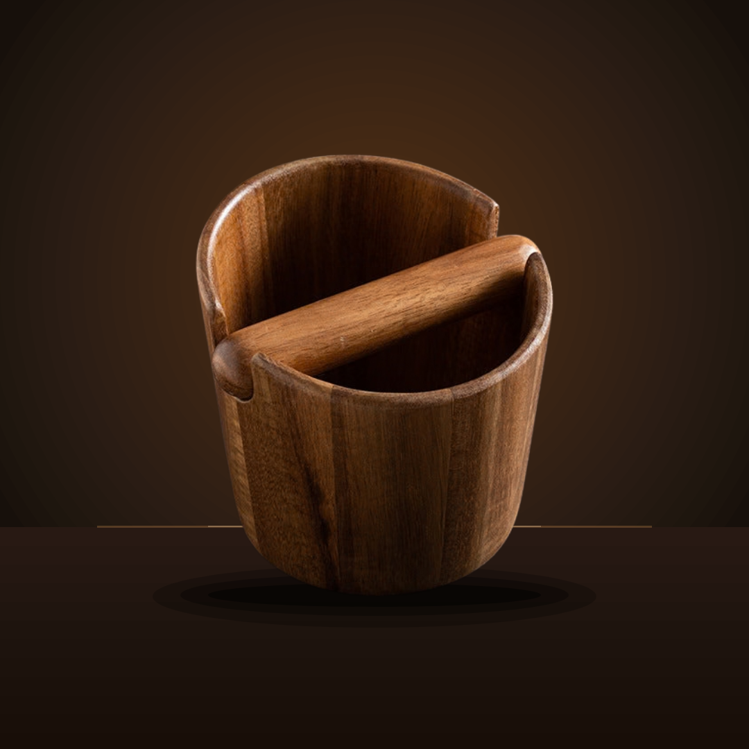 Acacia wood knock box seen from the front, knock bar resting across the top