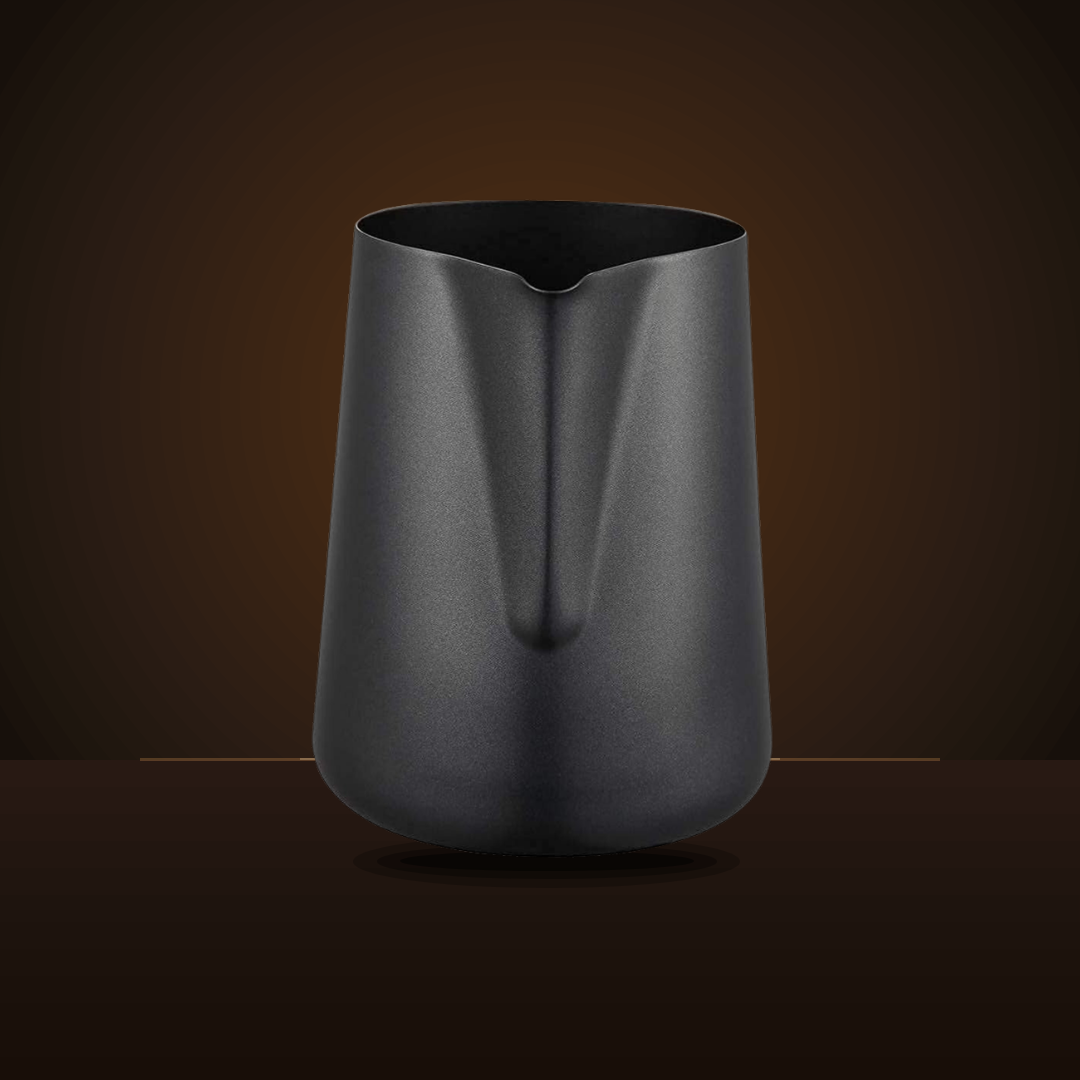 Matte black stainless steel milk frothing pitcher with pointed pouring spout