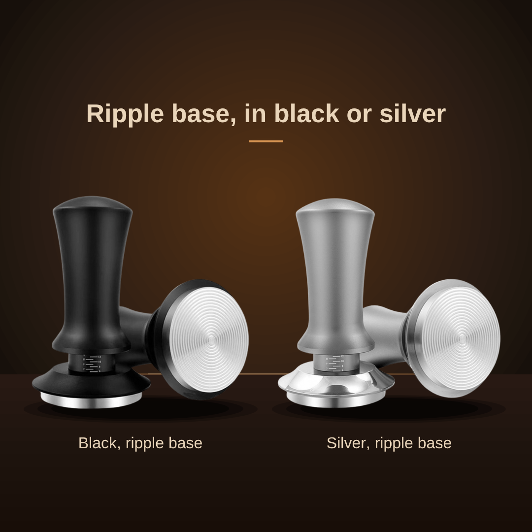 Adjustable depth tamper with ripple base in black and in silver
