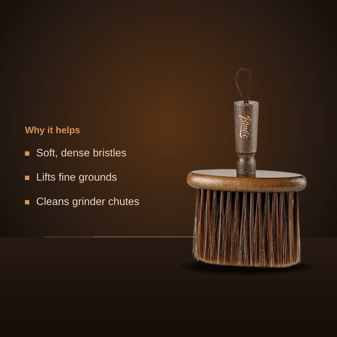 Wooden barista brush features: soft dense bristles, lifts fine grounds, cleans grinder chutes