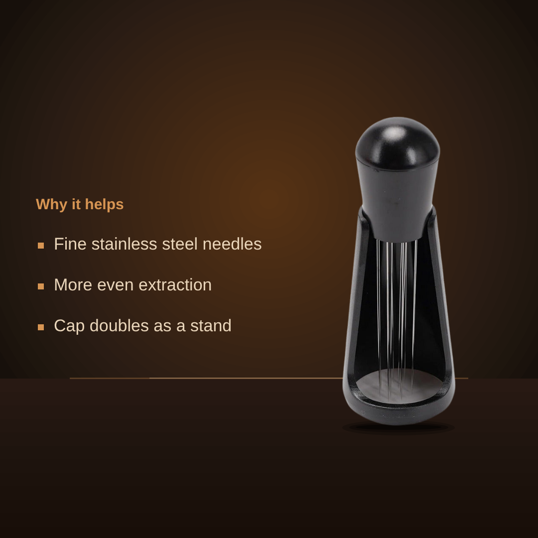 WDT tool in its stand - fine stainless steel needles, more even extraction, cap doubles as a stand