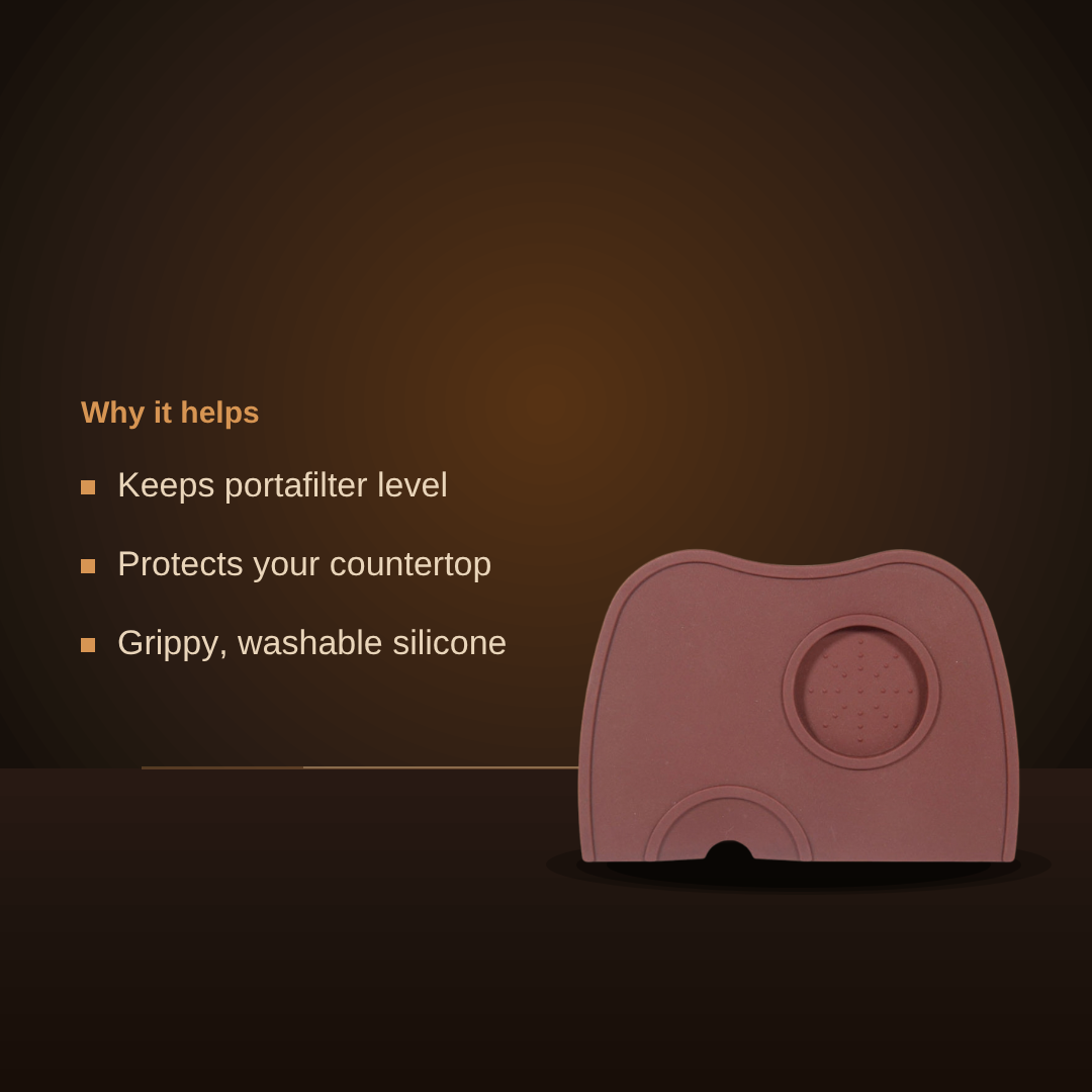 Silicone tamping mat features: keeps portafilter level, protects countertop, grippy washable silicone