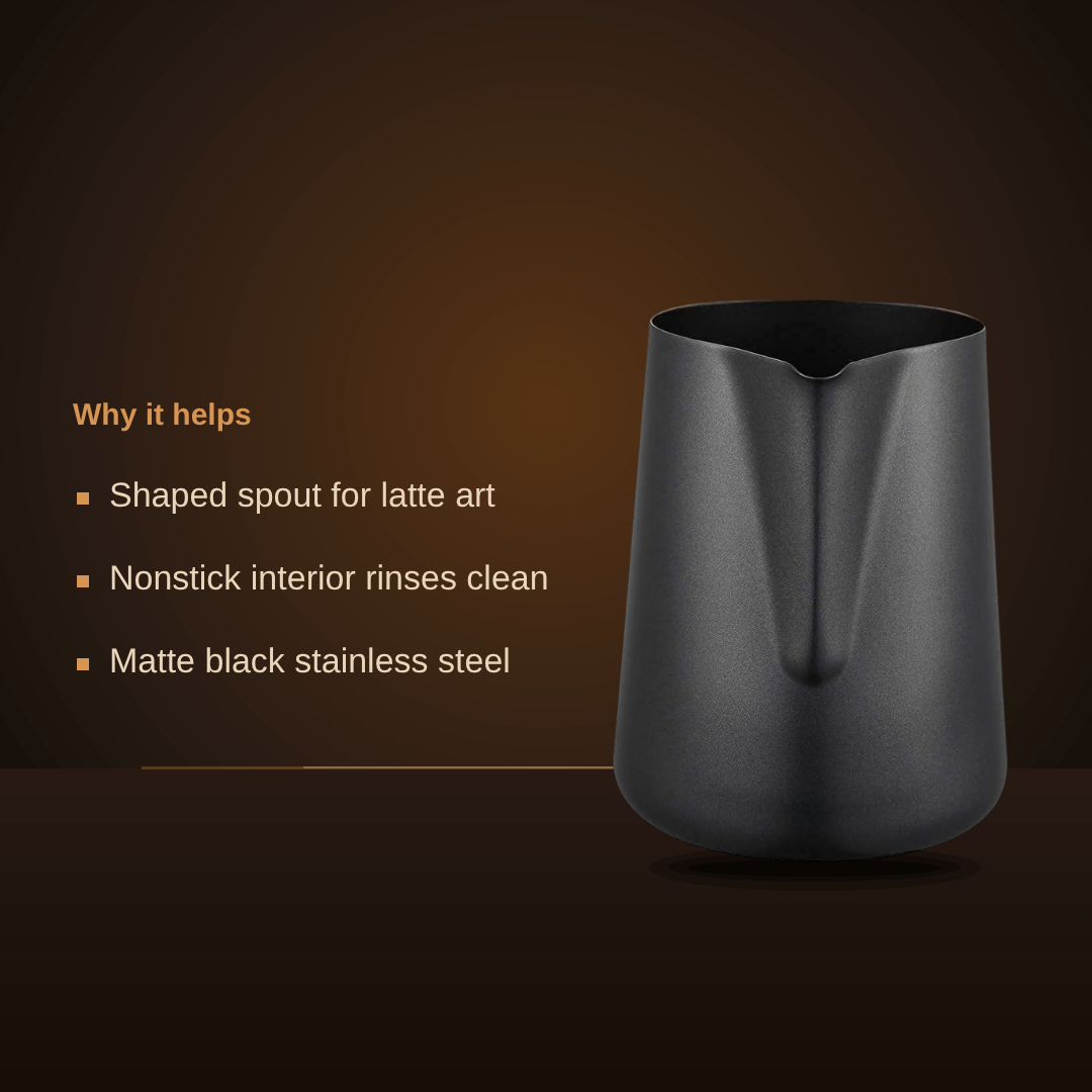 Milk frothing pitcher - shaped spout for latte art, nonstick interior, matte black stainless steel
