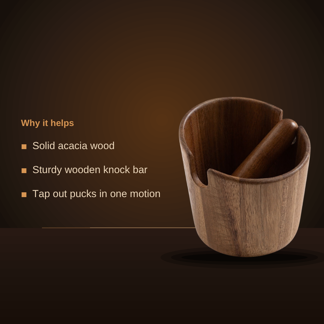 Acacia wood knock box features: solid acacia wood, sturdy wooden knock bar, tap out pucks in one motion