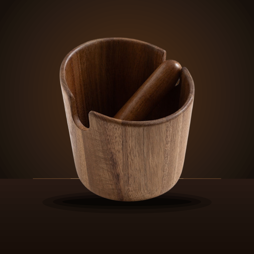 Acacia wood espresso knock box with wooden knock bar