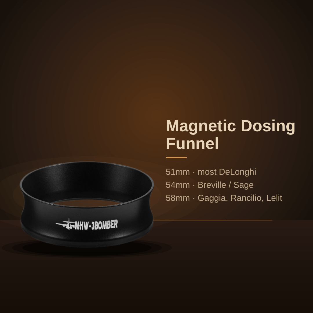 Magnetic dosing funnel sizes: 51mm DeLonghi, 54mm Breville / Sage, 58mm